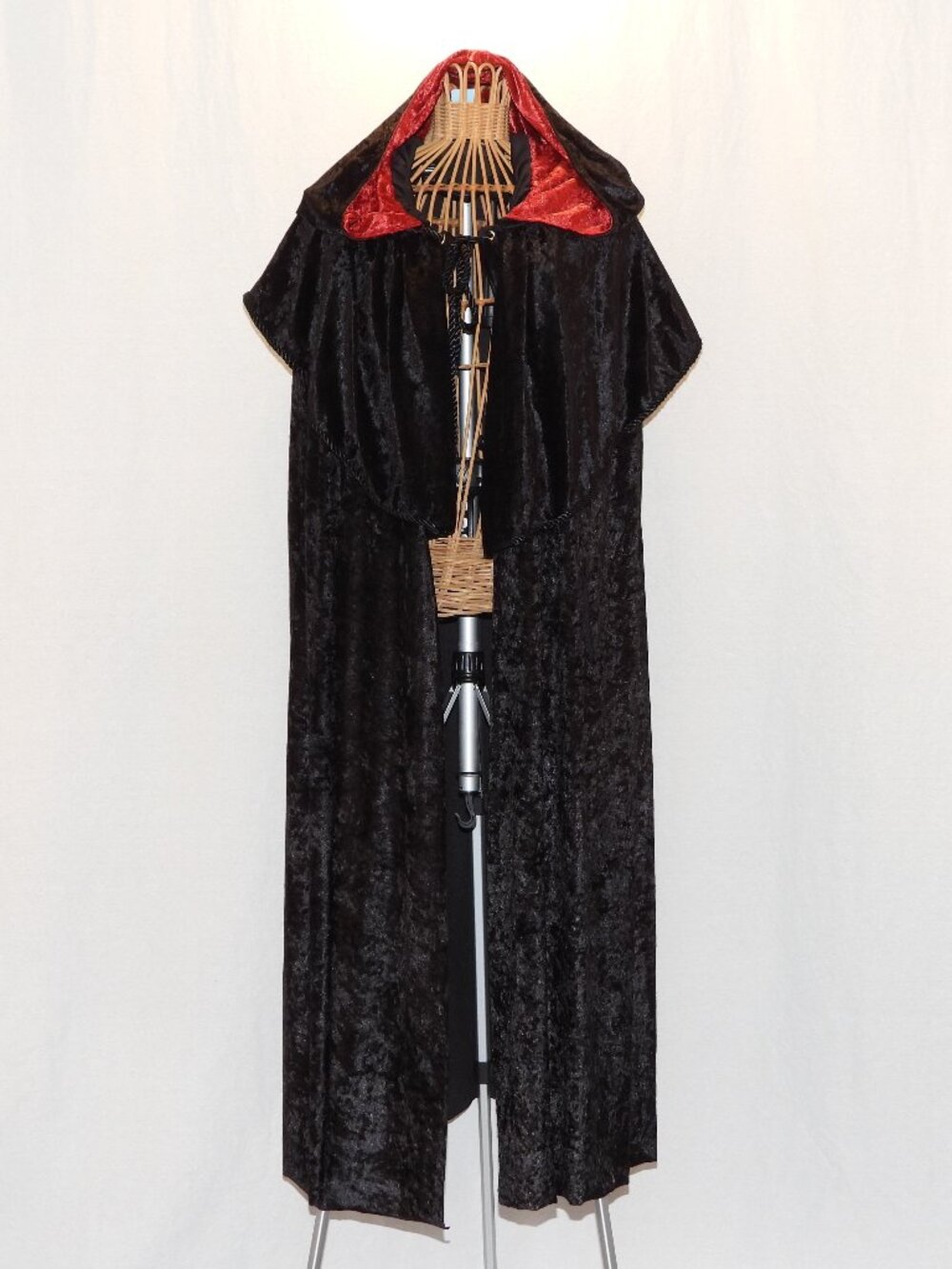 Hooded vampire cloak black faux velvet costume cape w/red lined hood